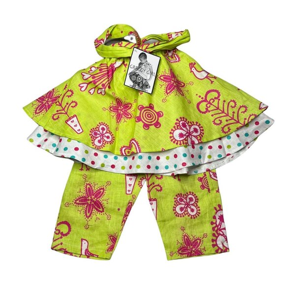 Greggy Girl 2 Pc Outfit Girls Lime Green Pink Linen Flare Top Pants Size 4 - Picture 1 of 9